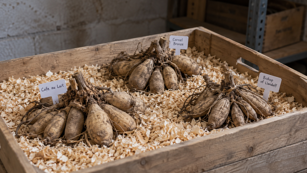 Dahlienknollen mit Sortenschildern in einer Holzkiste mit lockeren Holzspänen.
