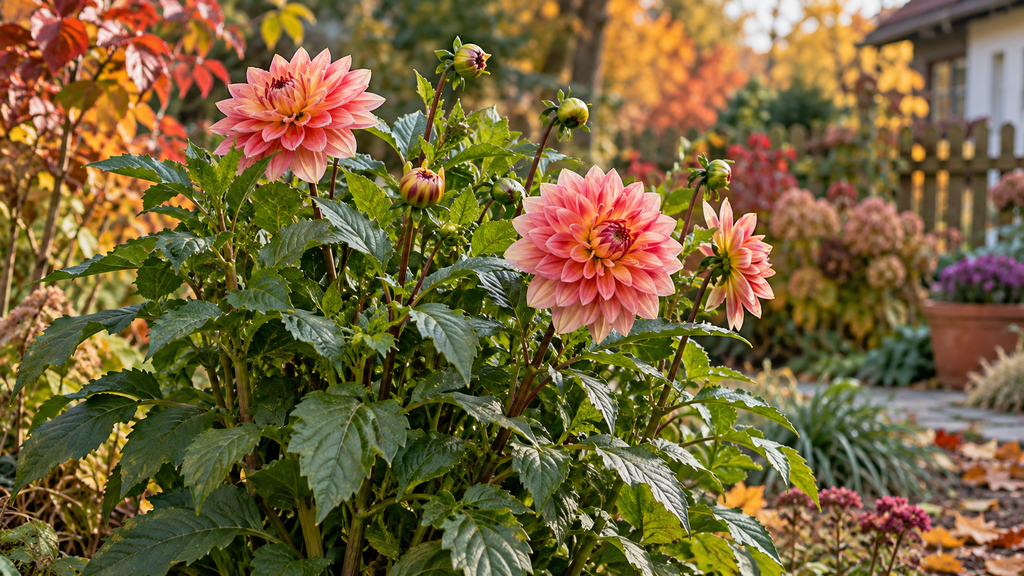 Dahlie mit grünem Laub und einzelnen Blüten im herbstlichen Garten.