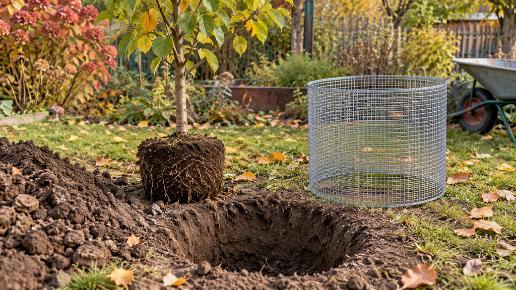 Junger Obstbaum mit Wurzelballen und bereitliegendem Wühlmauskorb neben einem Pflanzloch im Herbstgarten.