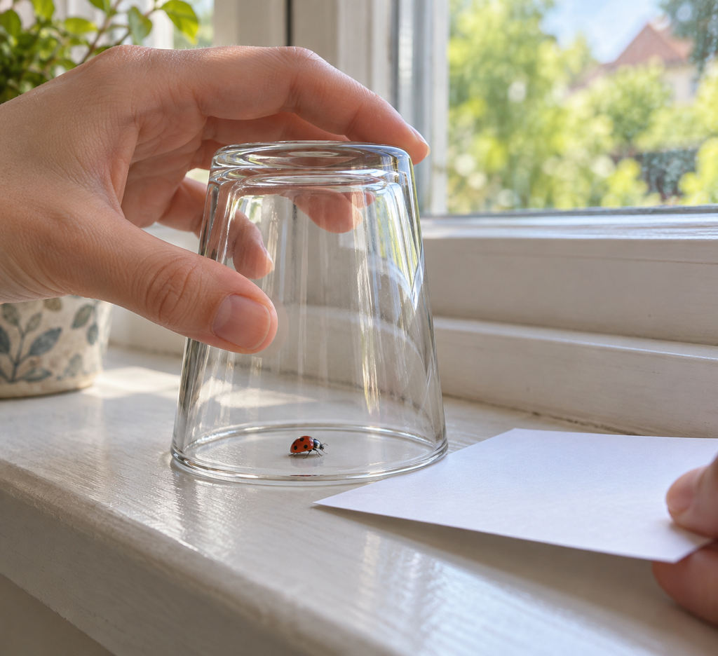 Ein Marienkäfer wird auf einer Fensterbank vorsichtig mit Glas und Papier aufgenommen.