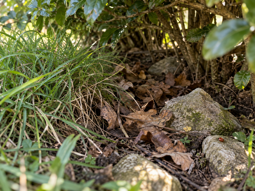 Laub, Grasbüschel und Steine bieten Marienkäfern geschützte Plätze im Garten.