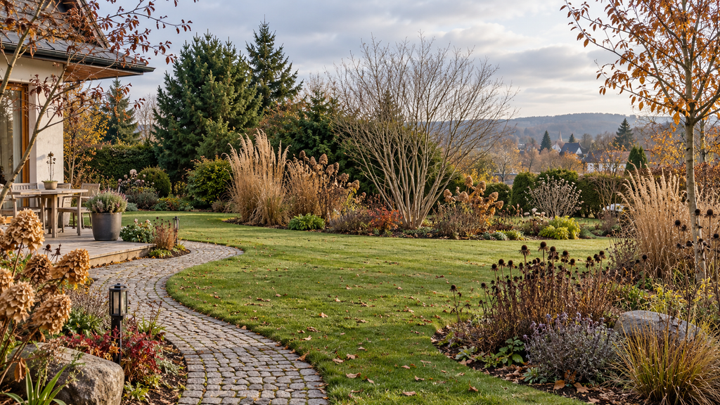 Spätherbstlicher Garten mit immergrünen Gehölzen, laublosem Strauch, trockenen Gräsern und einem gliedernden Gartenweg.