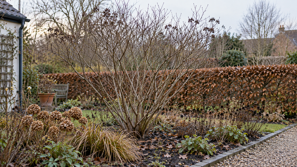 Laubloser mehrstämmiger Strauch und eine Hecke mit braunem Restlaub gliedern einen spätherbstlichen Garten.