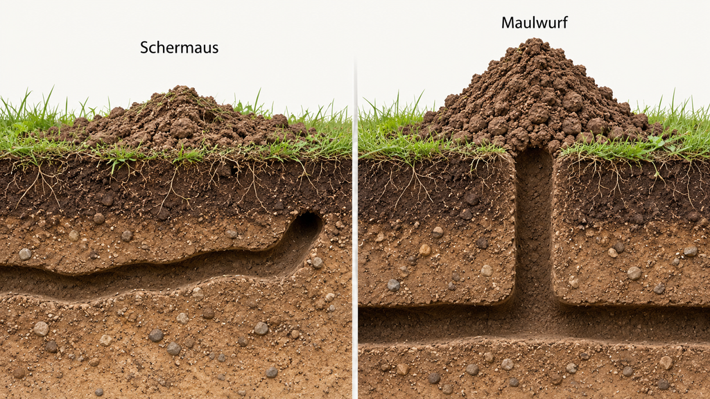 Schematischer Vergleich eines flachen Schermaushaufens mit seitlichem Gang und eines höheren Maulwurfshügels mit mittigem Zugang.