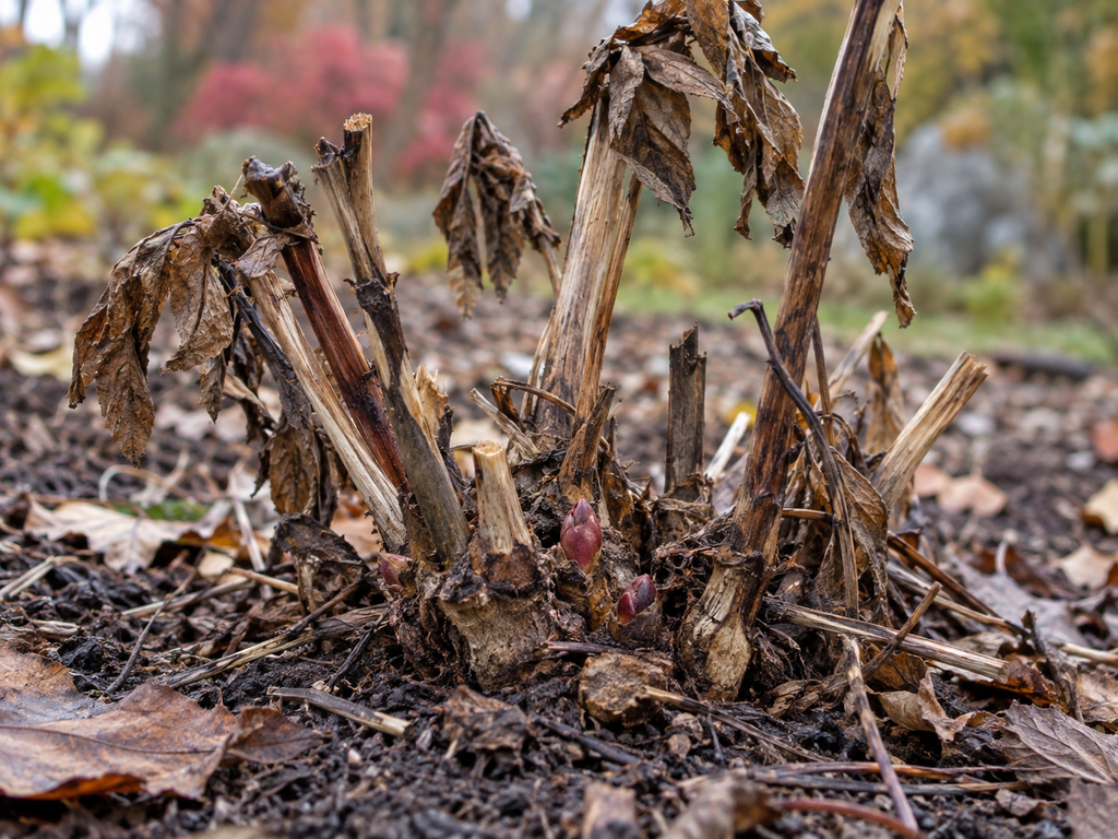 Untere verholzte Triebbereiche einer Itoh-Pfingstrose mit einzelnen rötlichen Knospen.