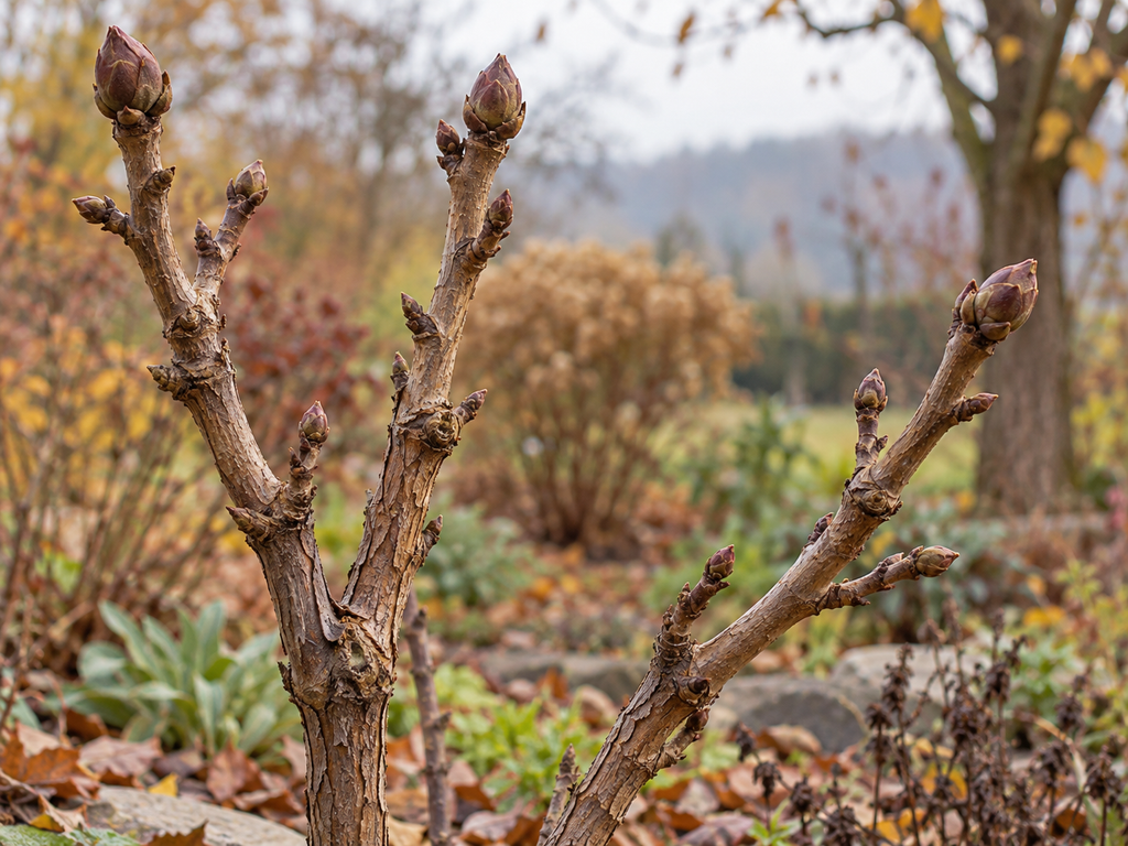 Verholzte Zweige einer laublosen Strauchpfingstrose mit sichtbaren Knospen.
